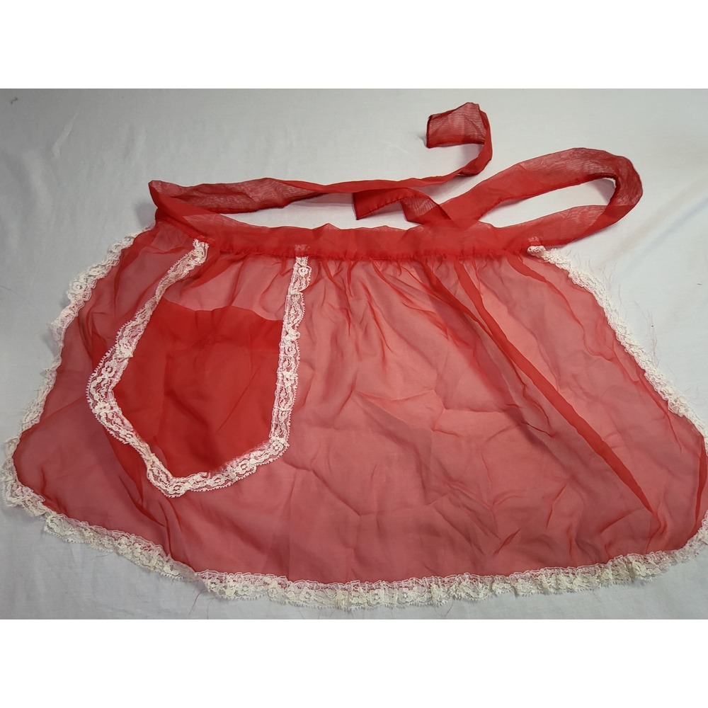 Vintage 1950s Red Sheer Organza Dainty Half Apron White Lace Pocket Hostess